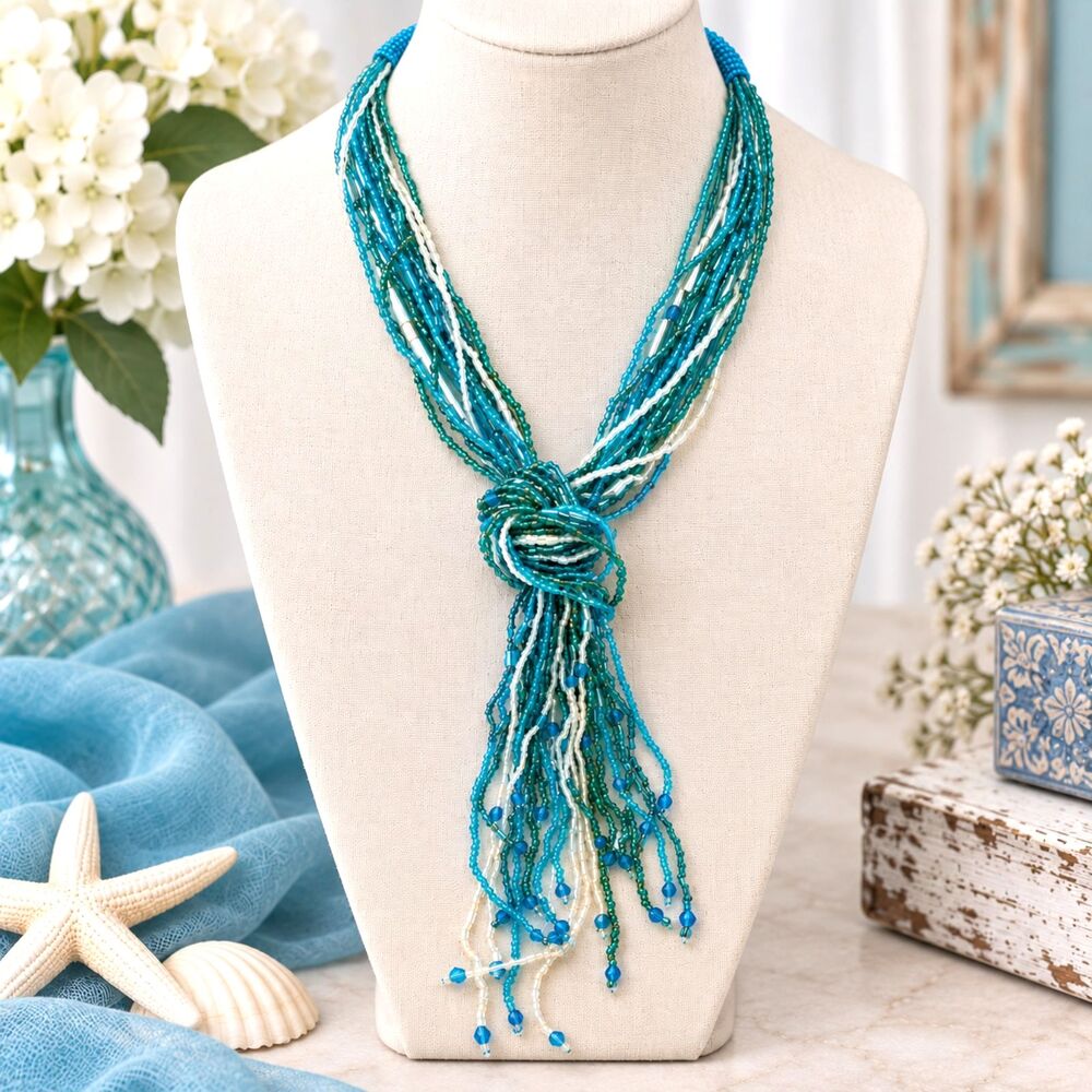 Vintage Aqua Blue White Seed Bead Necklace Multi Strand Knot Tassel 38"